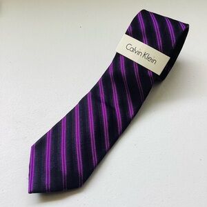 Calvin Klein Men's Black and Purple Striped Tie.  100% silk.  NWOTS.  58”L.